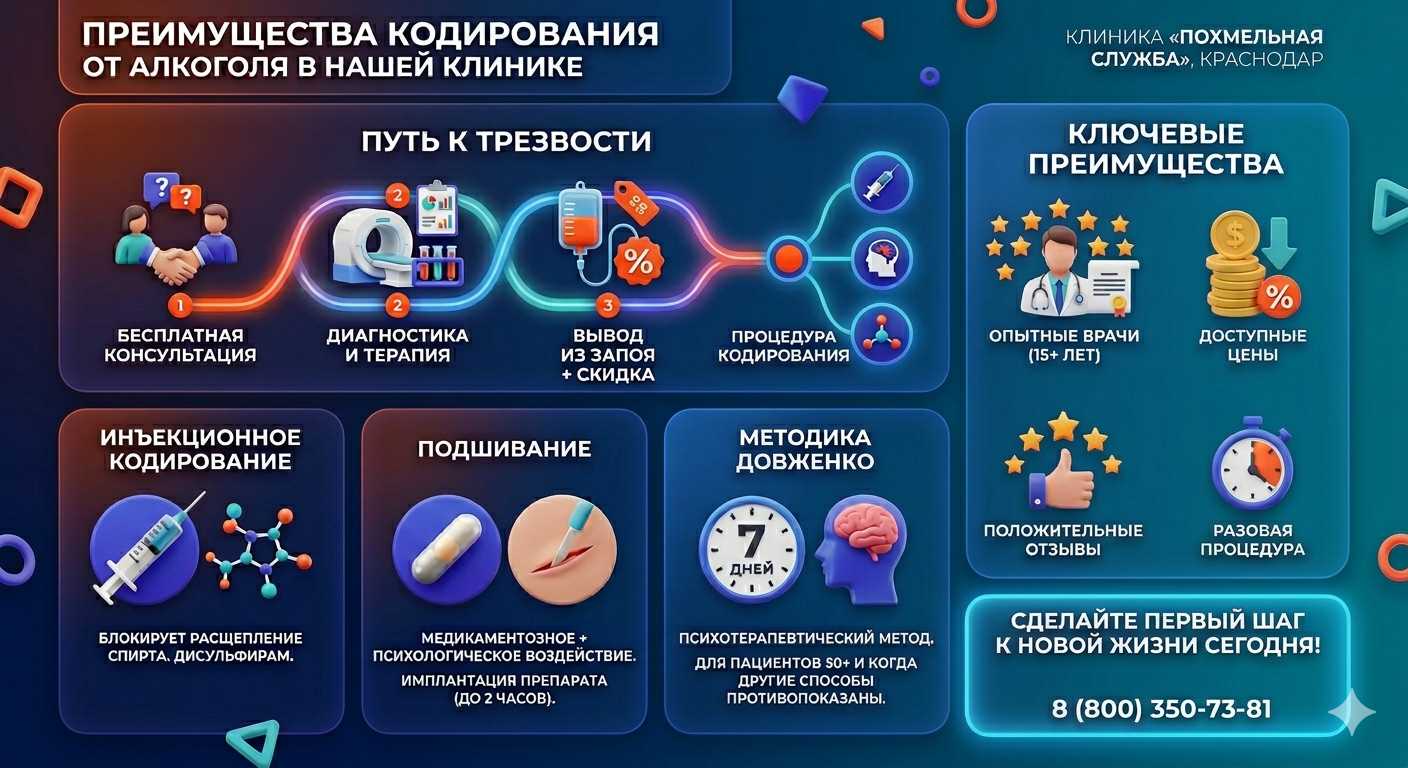 Инфографика о методах кодирования от алкоголя в Комаричах: инъекции, подшивание, метод Довженко. Преимущества клиники и этапы лечения.