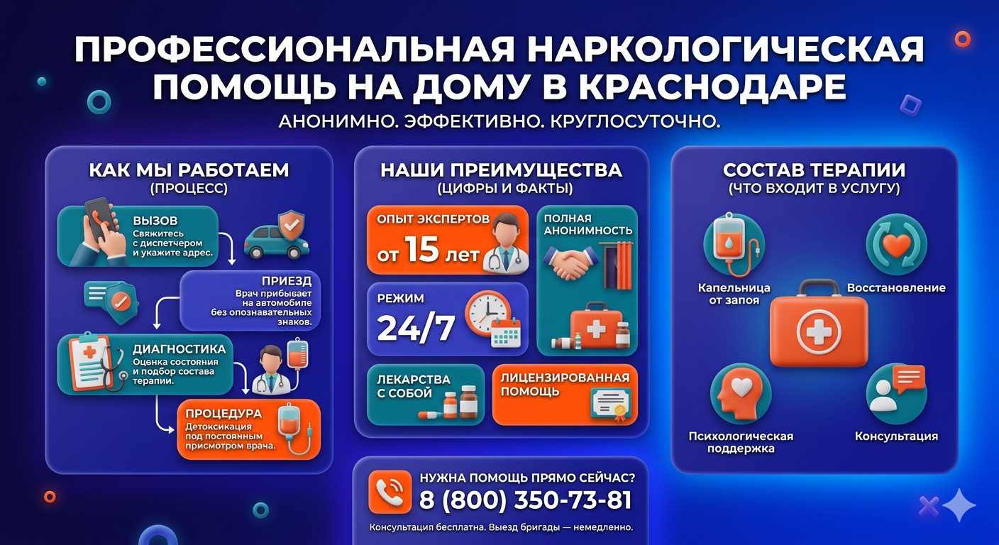 Инфографика о принципах лечения алкоголизма на дому в Комаричах: этапы вызова нарколога, преимущества анонимной детоксикации и состав медицинской помощи.